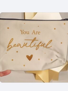 You Are Beautiful Gold Script Cosmetic Pouch - White